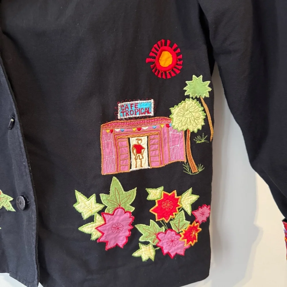 Hearts of Palm Black Tropical Floral Embroidered Cotton Blazer Women’s 16 - Picture 6 of 13